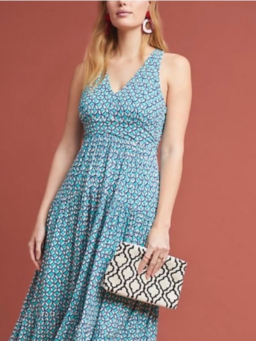 Maeve EUC Teal Geo Halter Maxi Dress